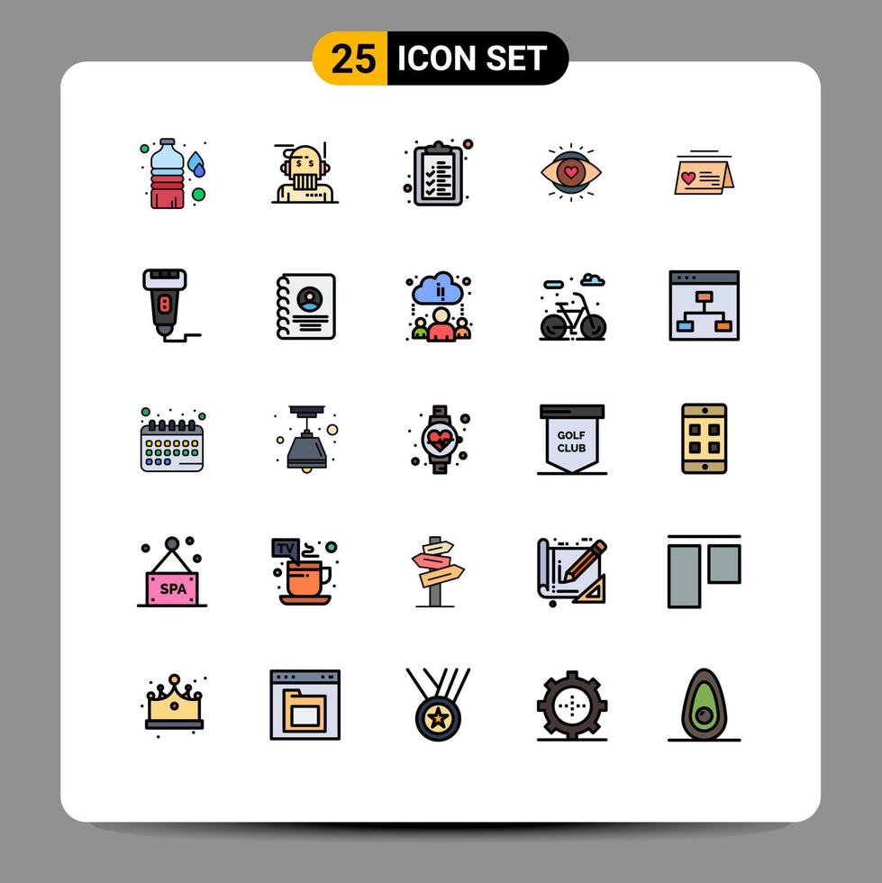 pacote de cores planas de linha preenchida de 25 símbolos universais da lista de verificação de calendário casado olhos claros elementos de design vetorial editáveis vetor