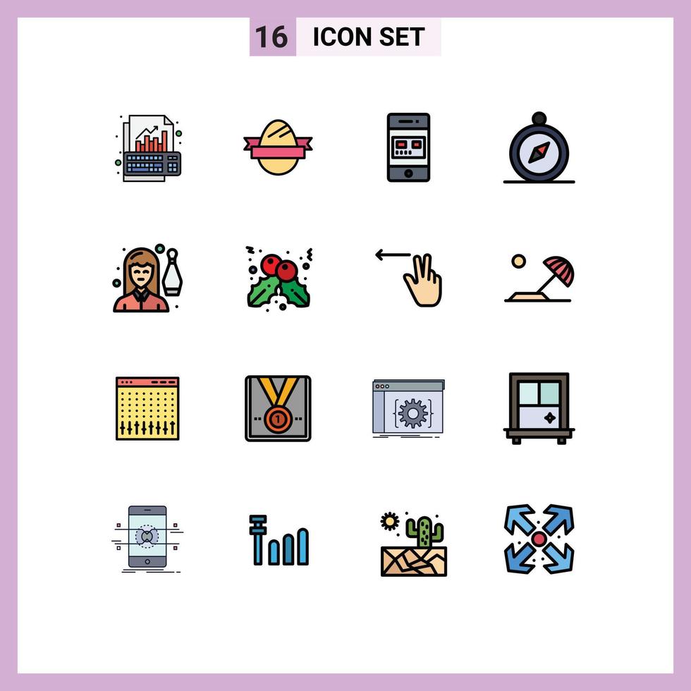pacote de 16 sinais e símbolos modernos de linhas cheias de cores planas para mídia impressa na web, como bússola de boliche, feriados, pagamento, elementos de design de vetores criativos editáveis