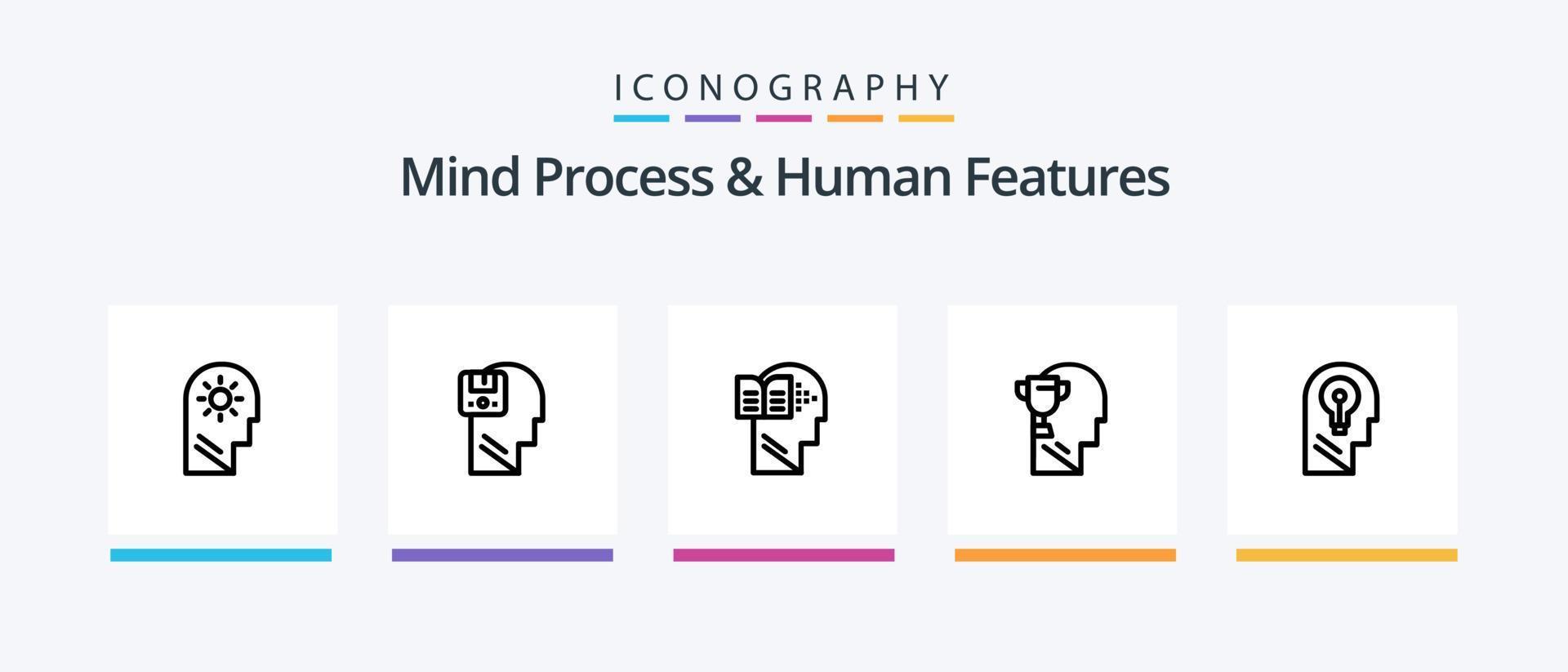 processo mental e pacote de ícones de linha 5 de recursos humanos, incluindo conhecimento. mente. caixa. pensamento. macho. design de ícones criativos vetor
