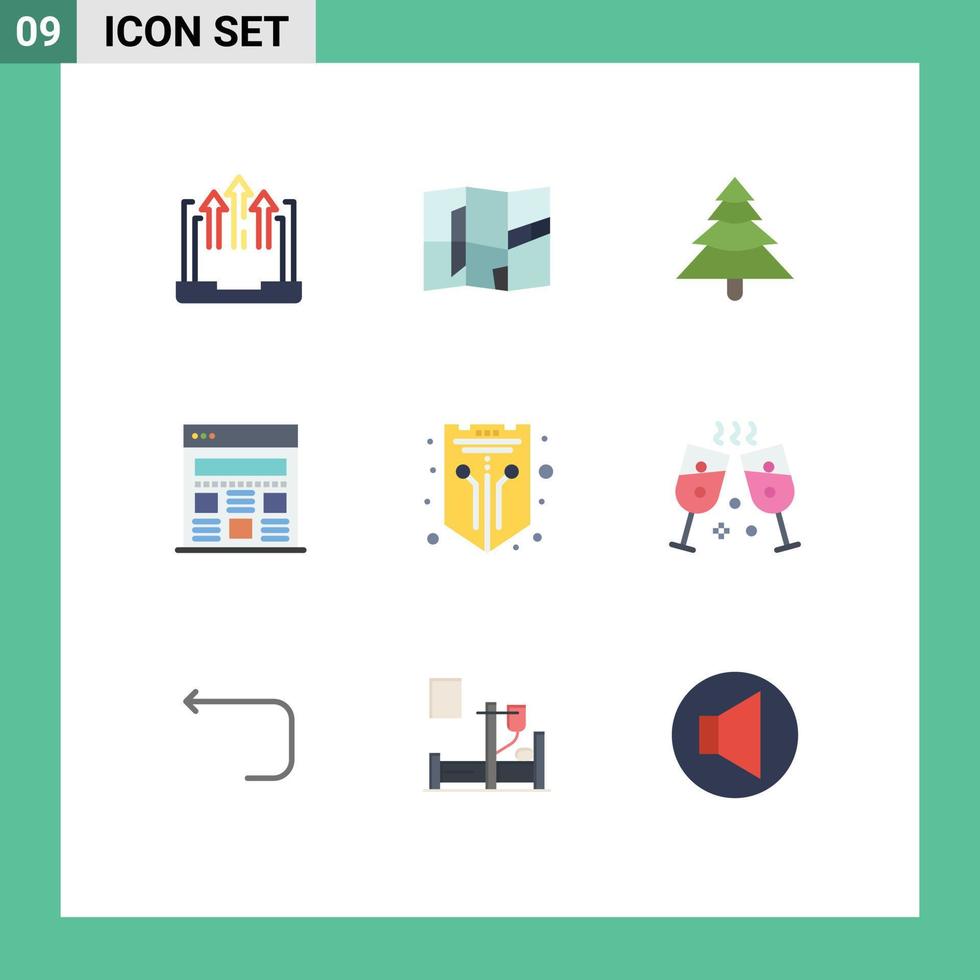 pacote de 9 sinais e símbolos modernos de cores planas para mídia de impressão na web, como elementos de design de vetores editáveis de rede de floresta de escudo