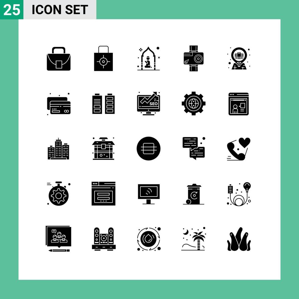 grupo de símbolos de ícone universal de 25 glifos sólidos modernos de ação de vídeo homem de câmera de alvo elementos de design de vetores editáveis