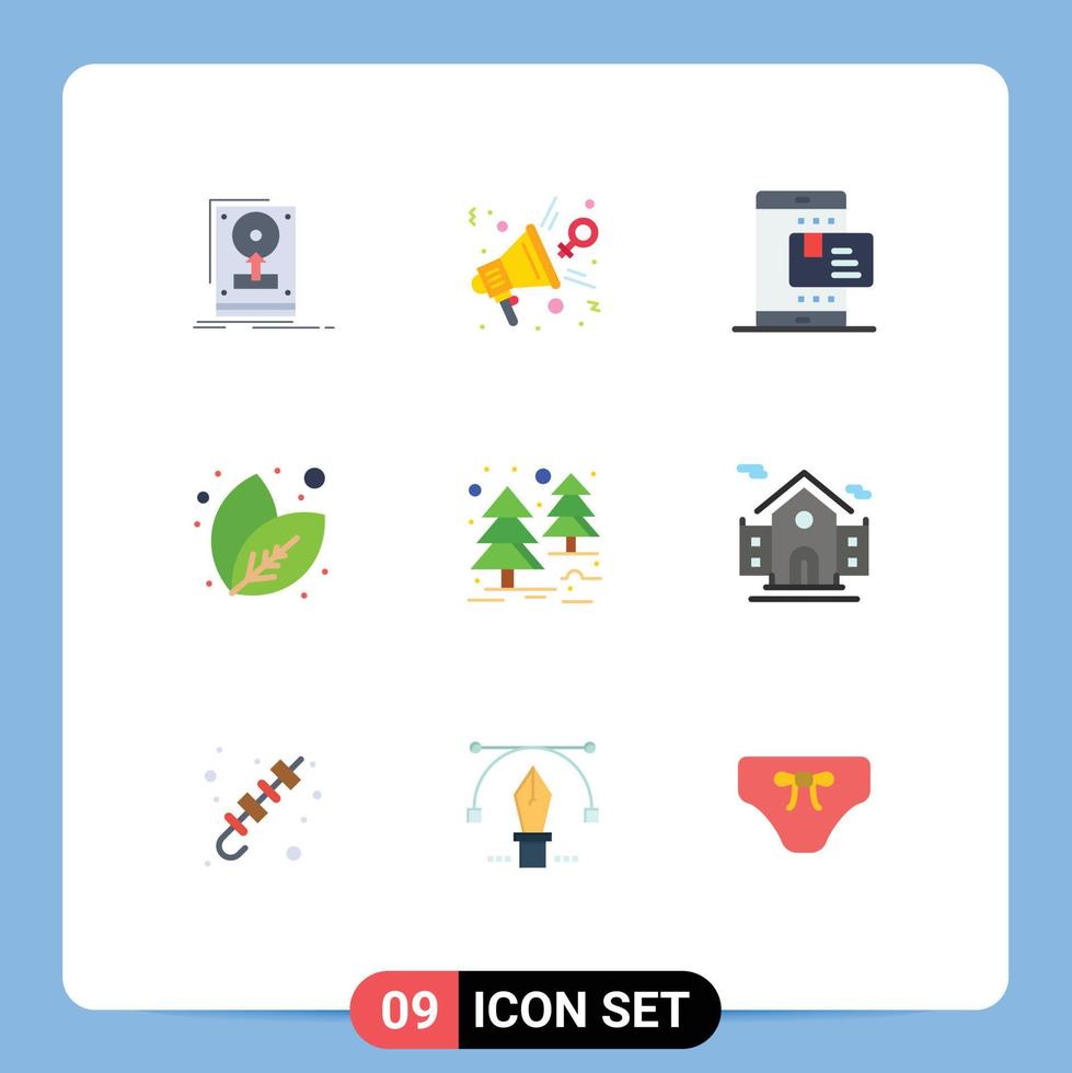 conjunto de cores planas de interface móvel de 9 pictogramas de apresentação de folha de planta compras pagamento elementos de design de vetores editáveis