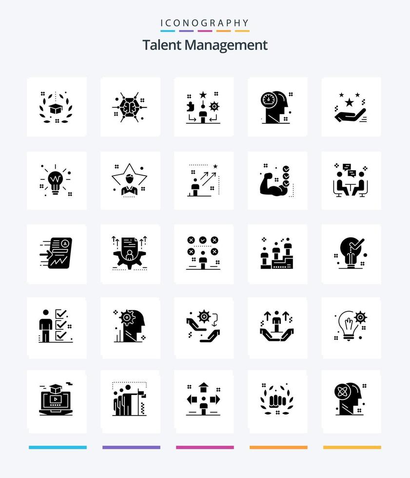 gerenciamento de talentos criativos pacote de ícones preto sólido de 25 glifos, como cabeça. painel de controle. debate. treinamento. talento vetor