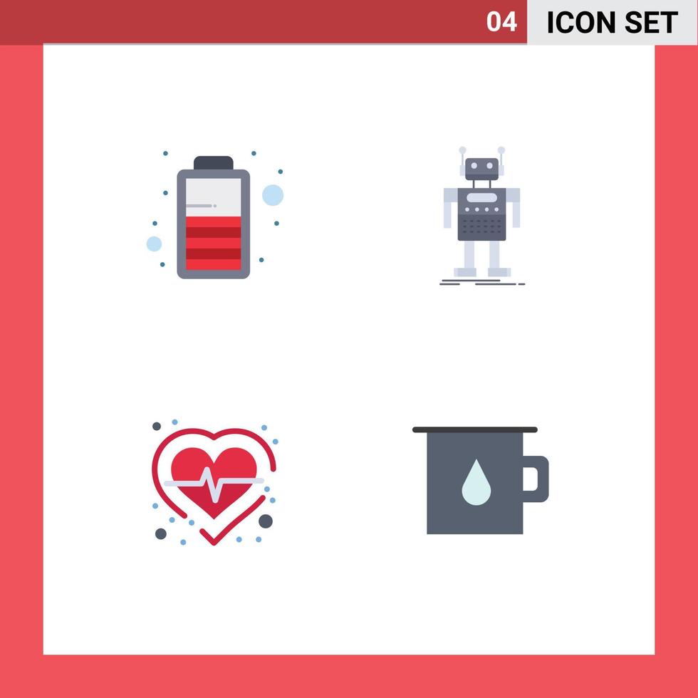 grupo de 4 ícones planos modernos definidos para bot de robô de coração de bateria verifique elementos de design de vetores editáveis