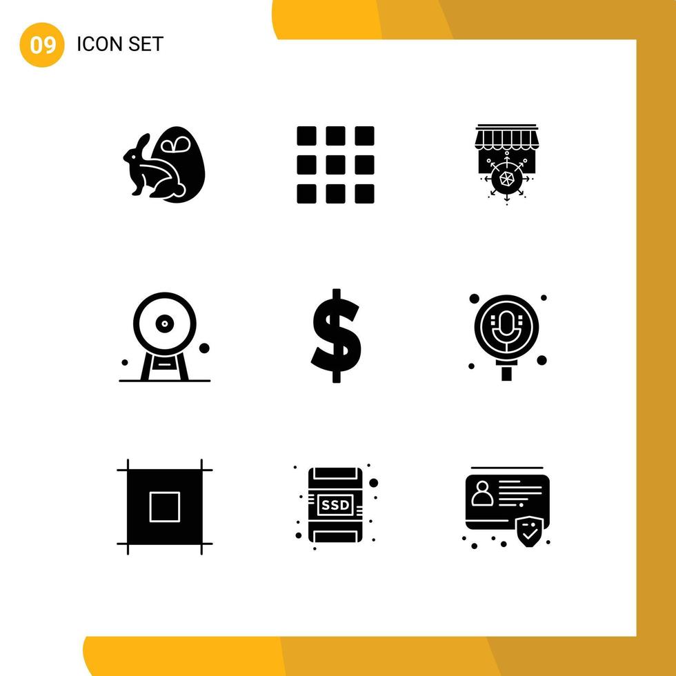 conjunto de pictogramas de 9 glifos sólidos simples de loja de referência de moeda arquitetura de roda gigante elementos de design de vetores editáveis