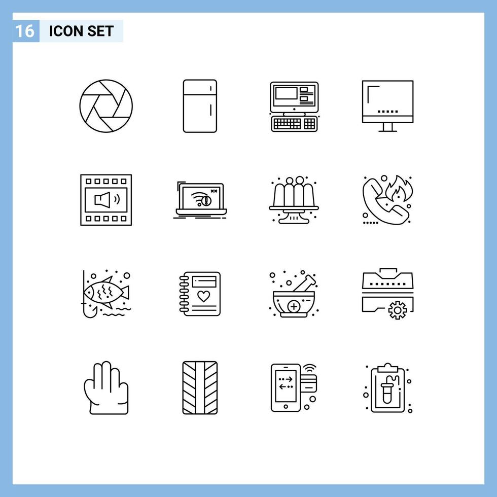 conjunto moderno de 16 contornos e símbolos, como monitor de elementos de design de vetores editáveis de educação de dispositivos eletrônicos domésticos