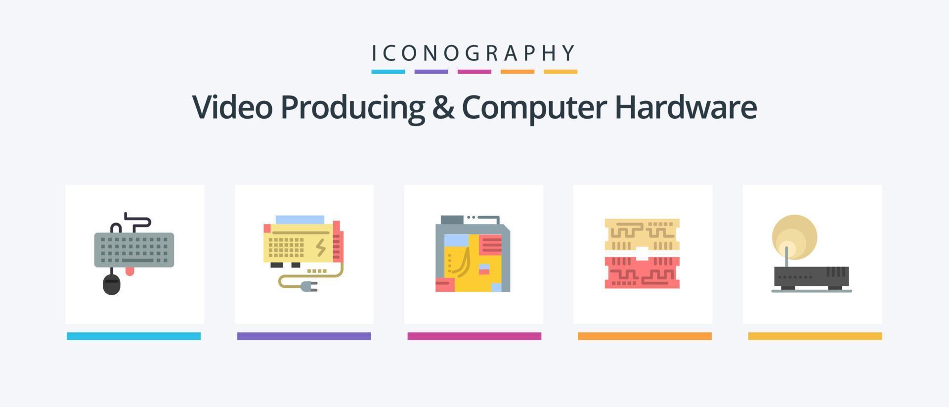 produção de vídeo e pacote de ícones flat 5 de hardware de computador, incluindo dimm. componente. potência. cartões. caso. design de ícones criativos vetor