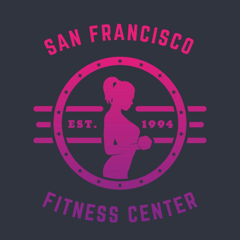 emblema vintage redondo, logotipo com garota se exercitando fazendo bíceps com halteres, ilustração vetorial vetor
