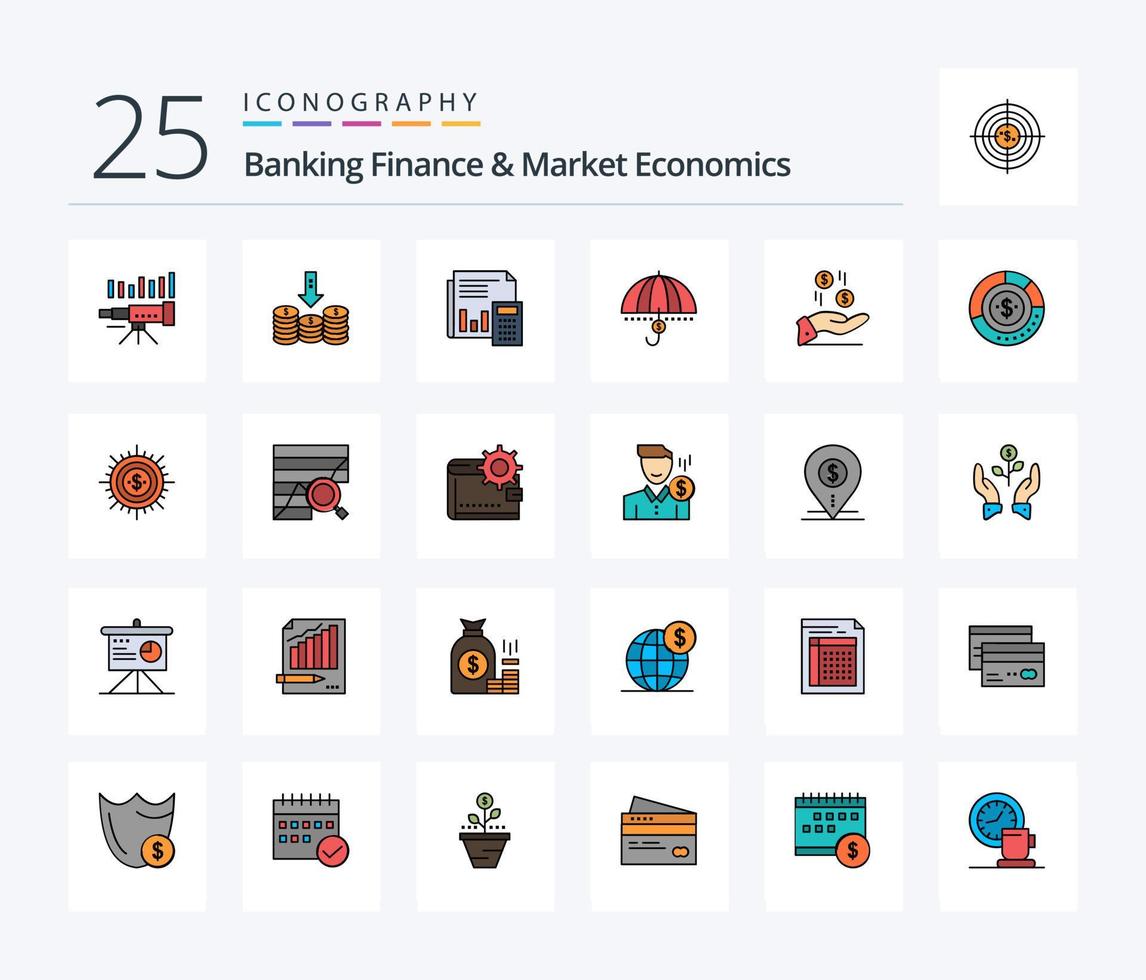 finanças bancárias e economia de mercado Pacote de ícones preenchidos com 25 linhas, incluindo cálculo. orçamento. dinheiro. bancário. auditoria vetor