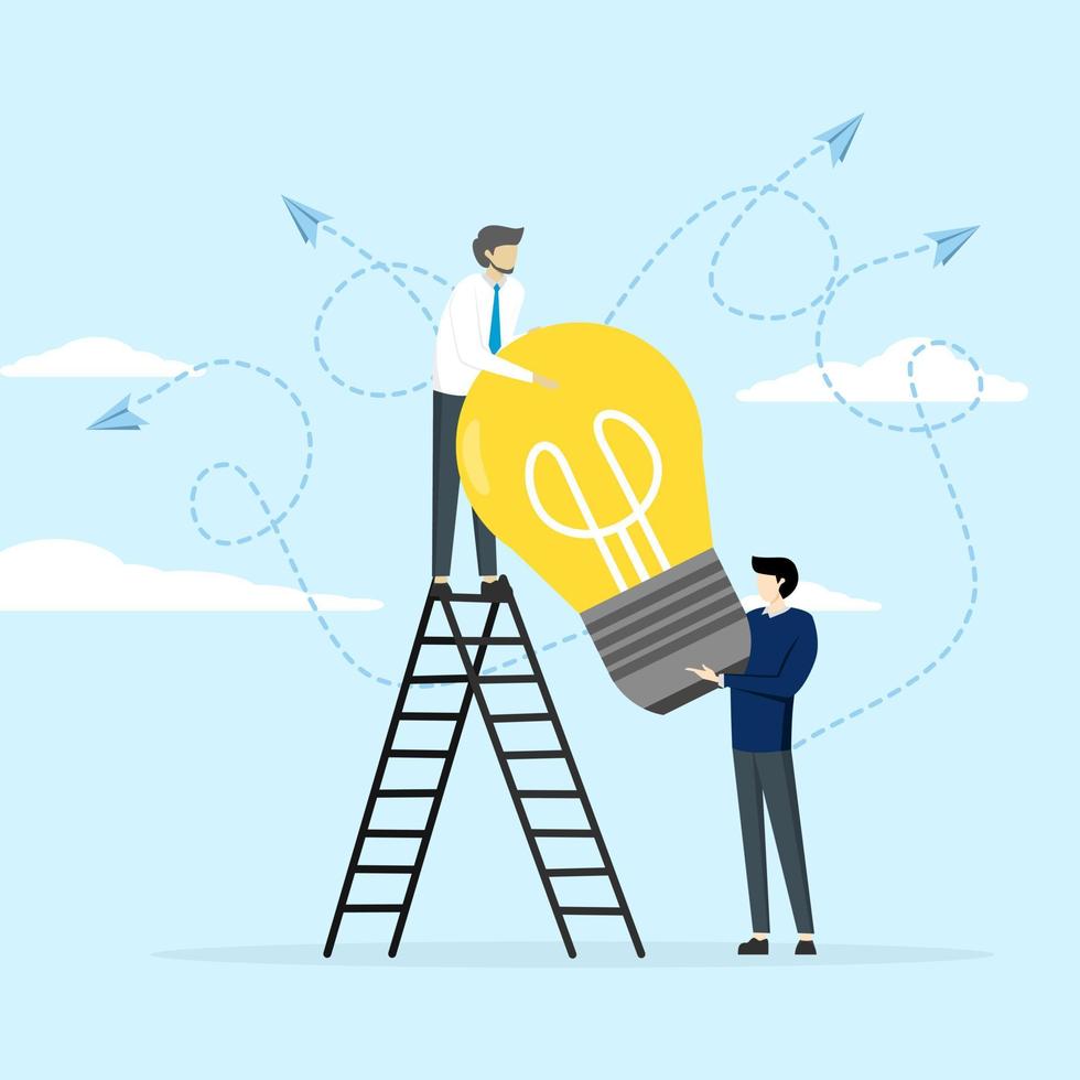 dois empresários subindo escada em direção a lâmpada. gerar ideias e abordagens de negócios únicas. vetor