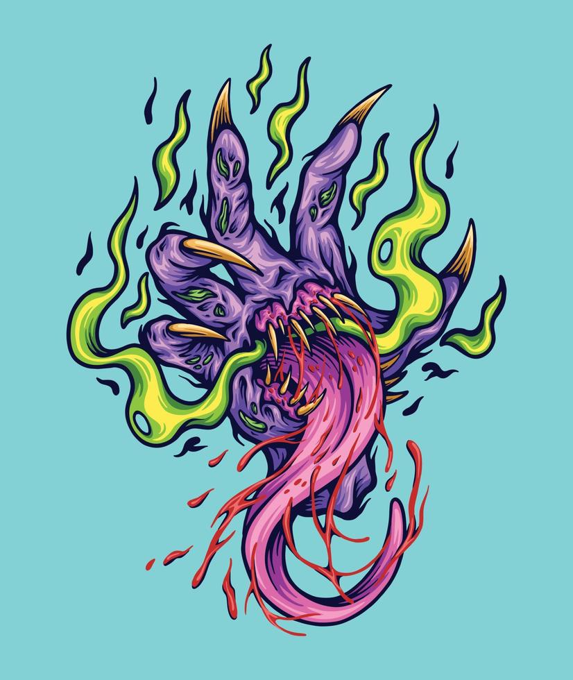 mão de monstro assustador com ilustração de chama de fumaça vetor