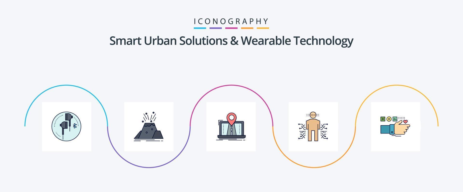 soluções urbanas inteligentes e linha de tecnologia vestível preenchida com 5 ícones planos, incluindo dados. sensor. alerta. rota. sistema vetor