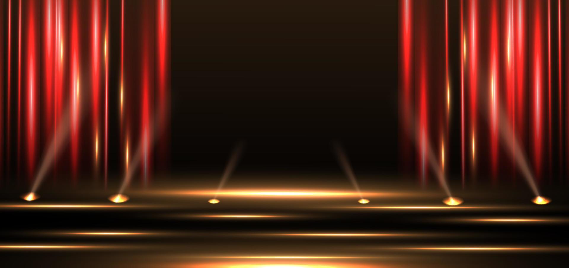 palco dourado elegante com brilho vermelho vertical e brilho de efeito de iluminação em fundo preto. vetor