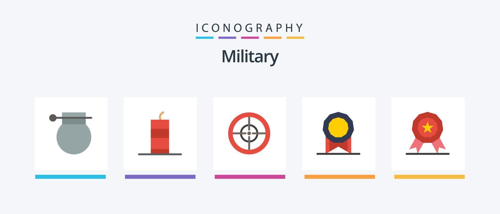 Pacote militar de 5 ícones planos, incluindo medalha. medalha. bomba militar. licença. militares. design de ícones criativos vetor