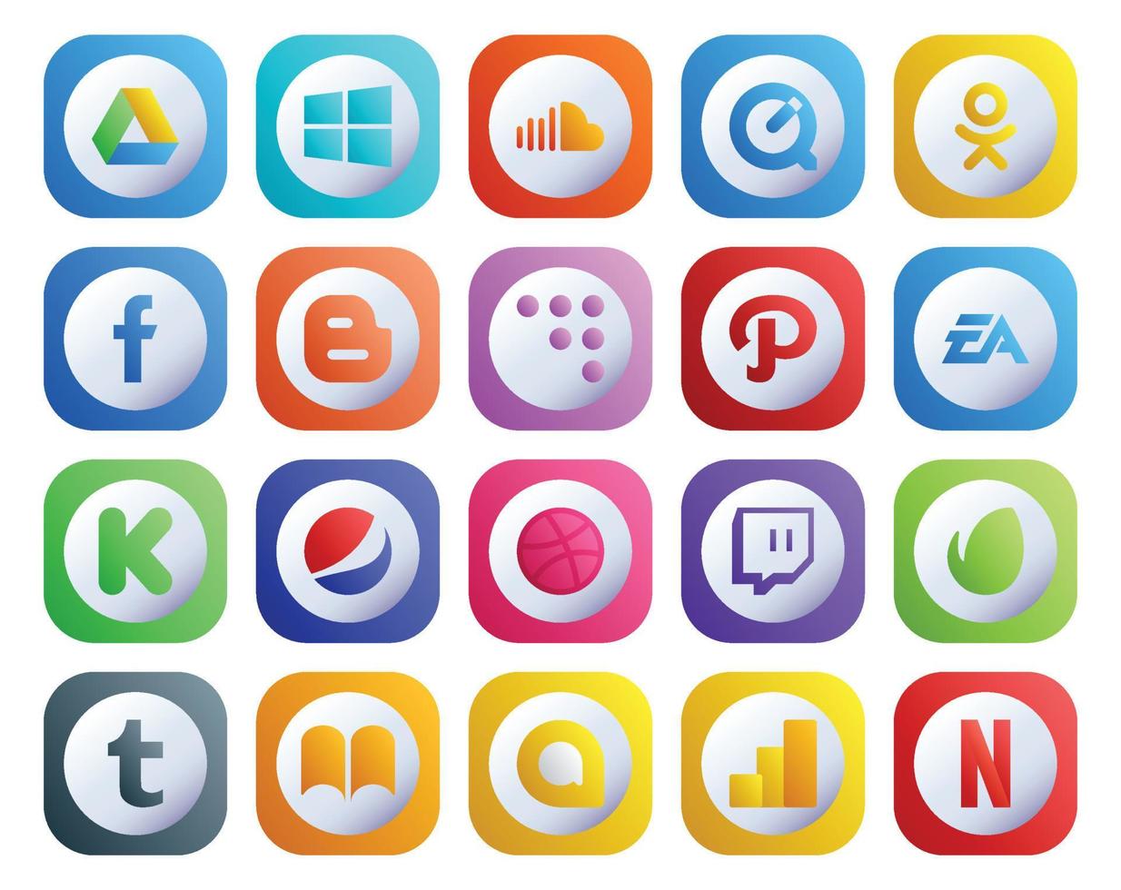 Pacote de 20 ícones de mídia social, incluindo twitch pepsi blogger kickstarter ea vetor