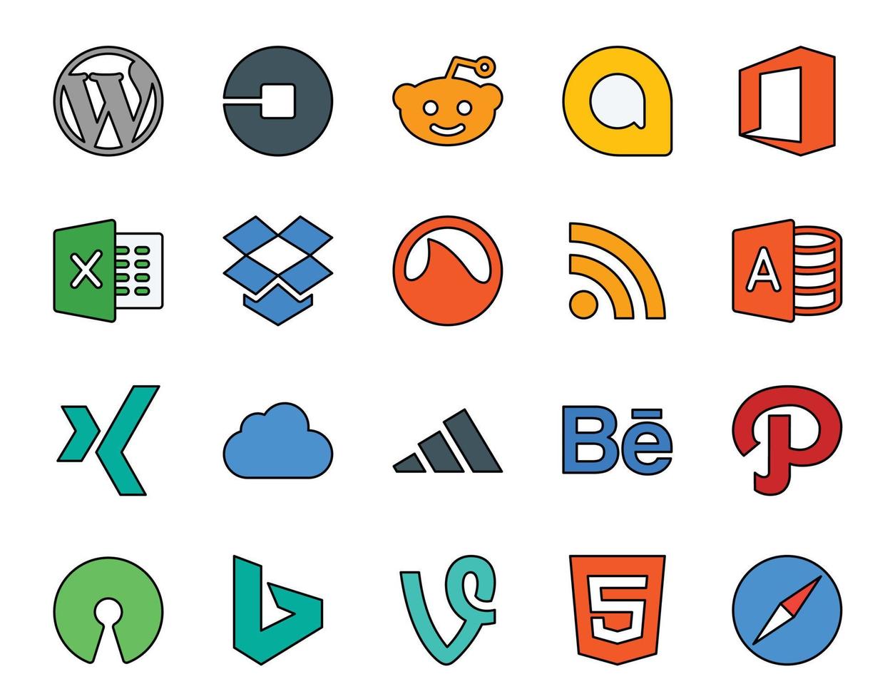 Pacote de 20 ícones de mídia social, incluindo caminho adidas excel icloud microsoft access vetor
