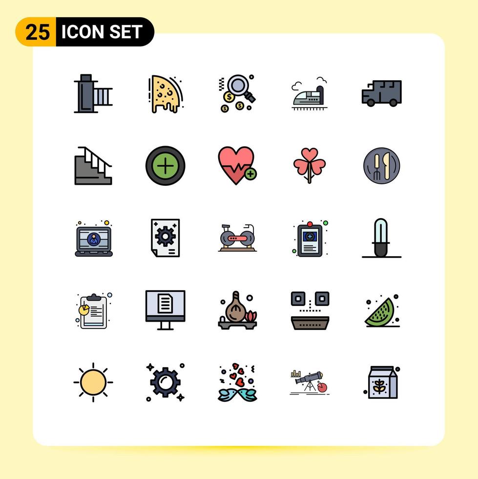 conjunto de cores planas de linha cheia de interface móvel de 25 pictogramas de elementos de design de vetores editáveis de alta velocidade de festa escolar