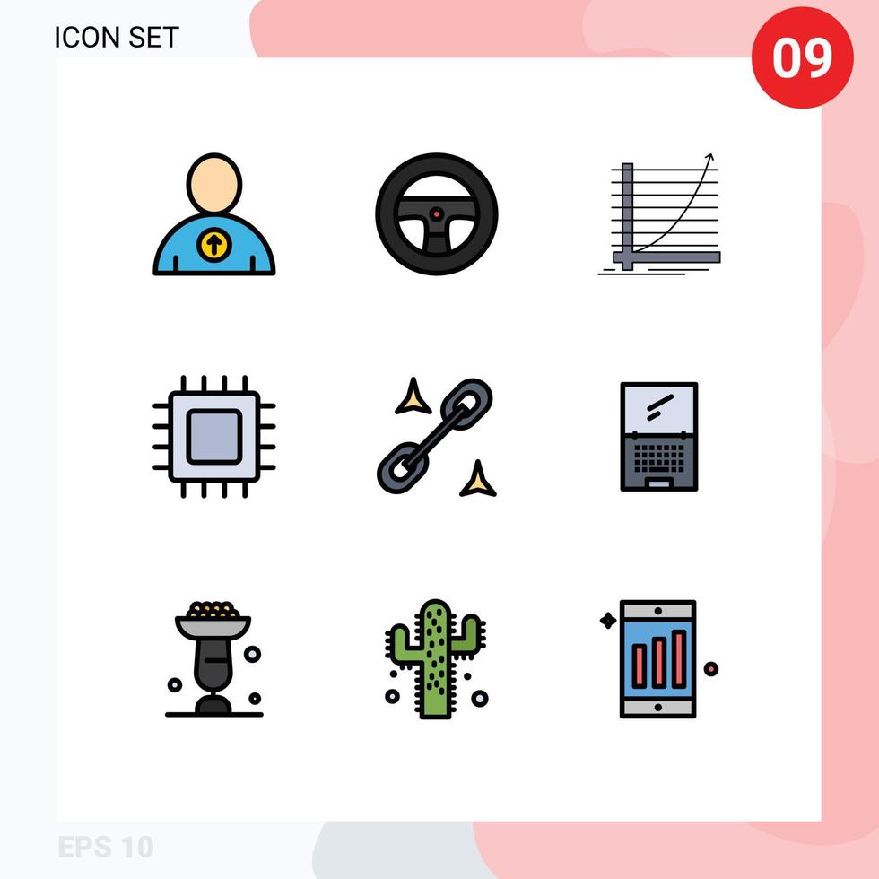 pacote de cores planas com linha preenchida de 9 símbolos universais de hardware de escritório curva gadget computadores elementos de design vetorial editáveis vetor