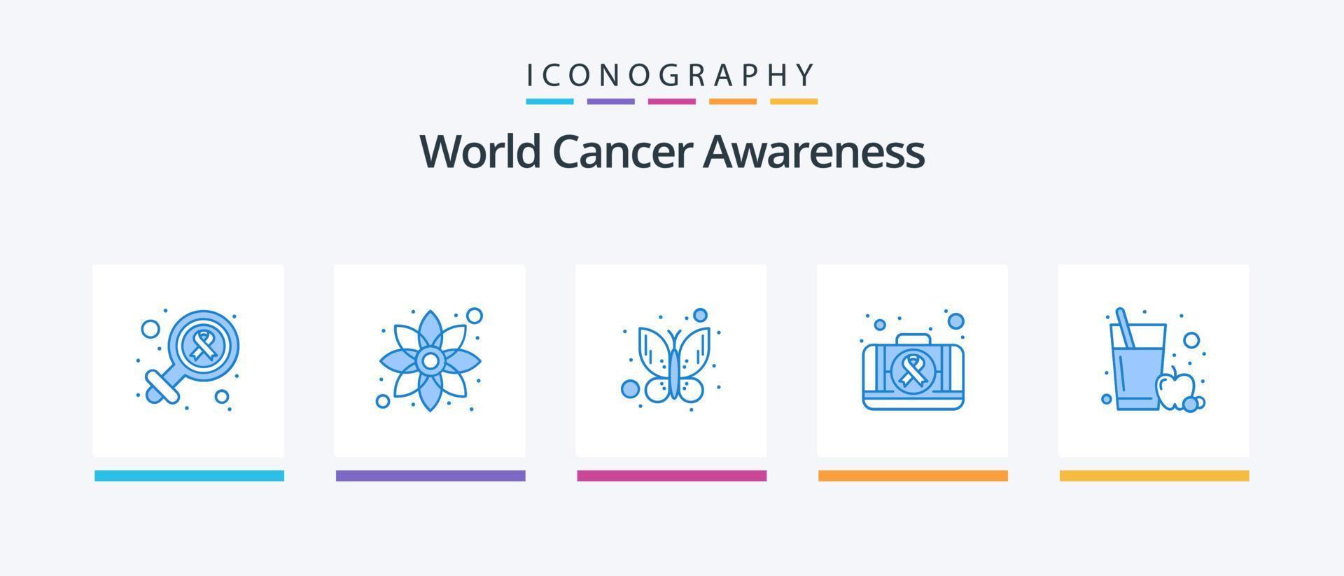 pacote de ícones azul 5 de conscientização mundial sobre o câncer, incluindo vidro. suco de maçã. borboleta. médico. kit. design de ícones criativos vetor