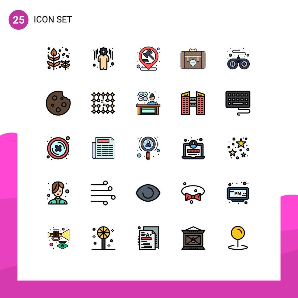 Pacote de cores planas de linha cheia de 25 interfaces de sinais e símbolos modernos de controlador de caminhada, martelo, saco de saúde, elementos de design de vetores editáveis