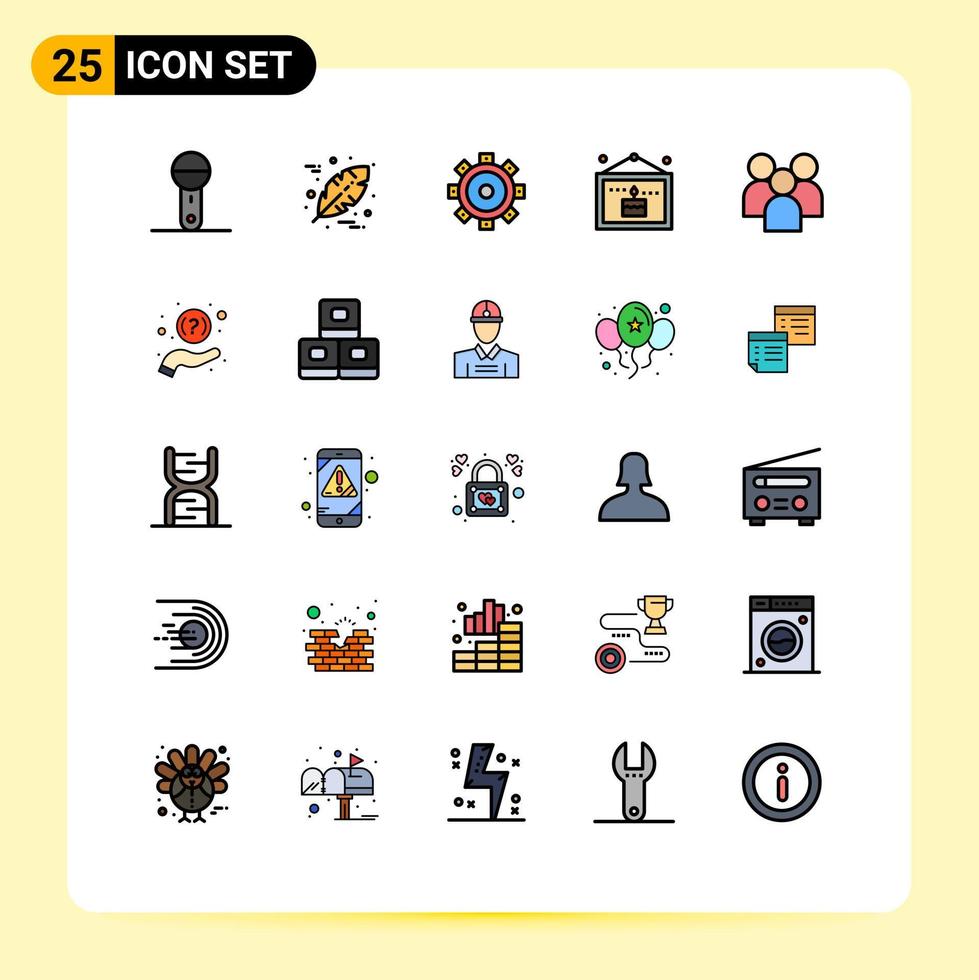 25 interface do usuário linha cheia pacote de cores planas de sinais e símbolos modernos de celebração de imagem de construção de funcionários de gerenciamento elementos de design de vetores editáveis