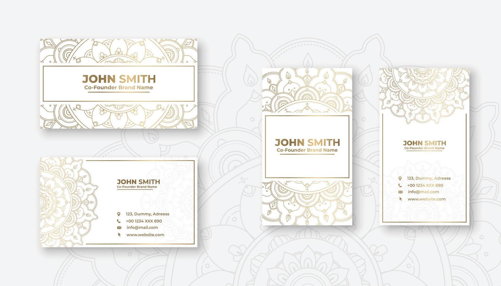 cartão de visita de luxo de cor branca com elementos ornamentais de mandala floral dourado vetor