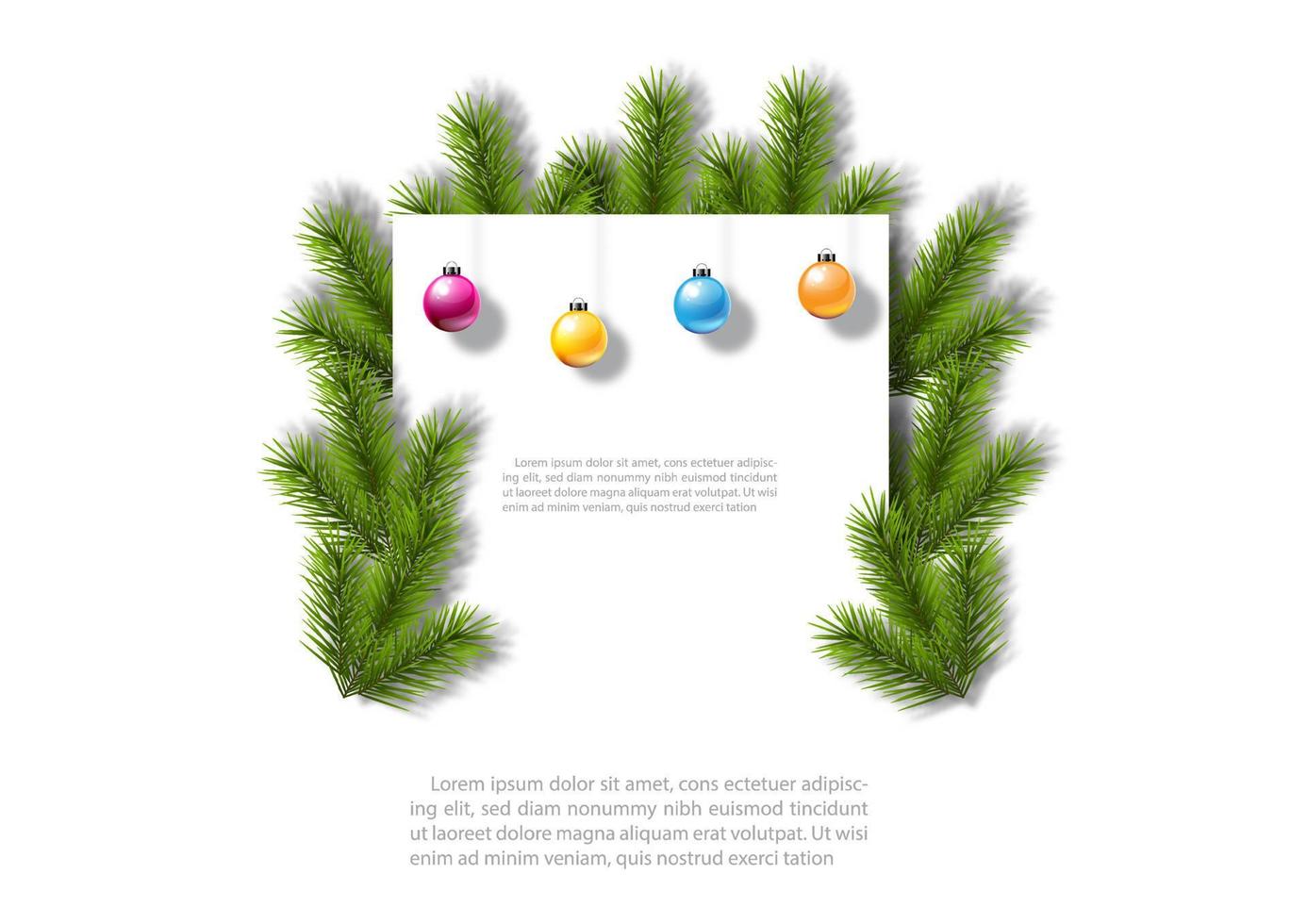 bolas de natal coloridas em cartão branco com galhos de pinheiro e textos de exemplo em fundo branco vetor