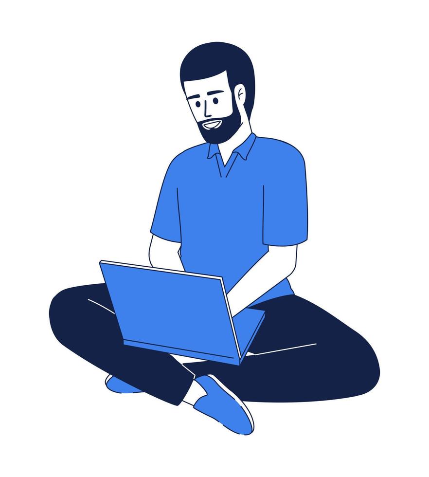 homem sorridente com personagem de vetor linear de cor plana de laptop. computador pessoal. figura editável. pessoa de corpo inteiro em branco. ilustração de linha fina estilo cartoon para web design gráfico e animação