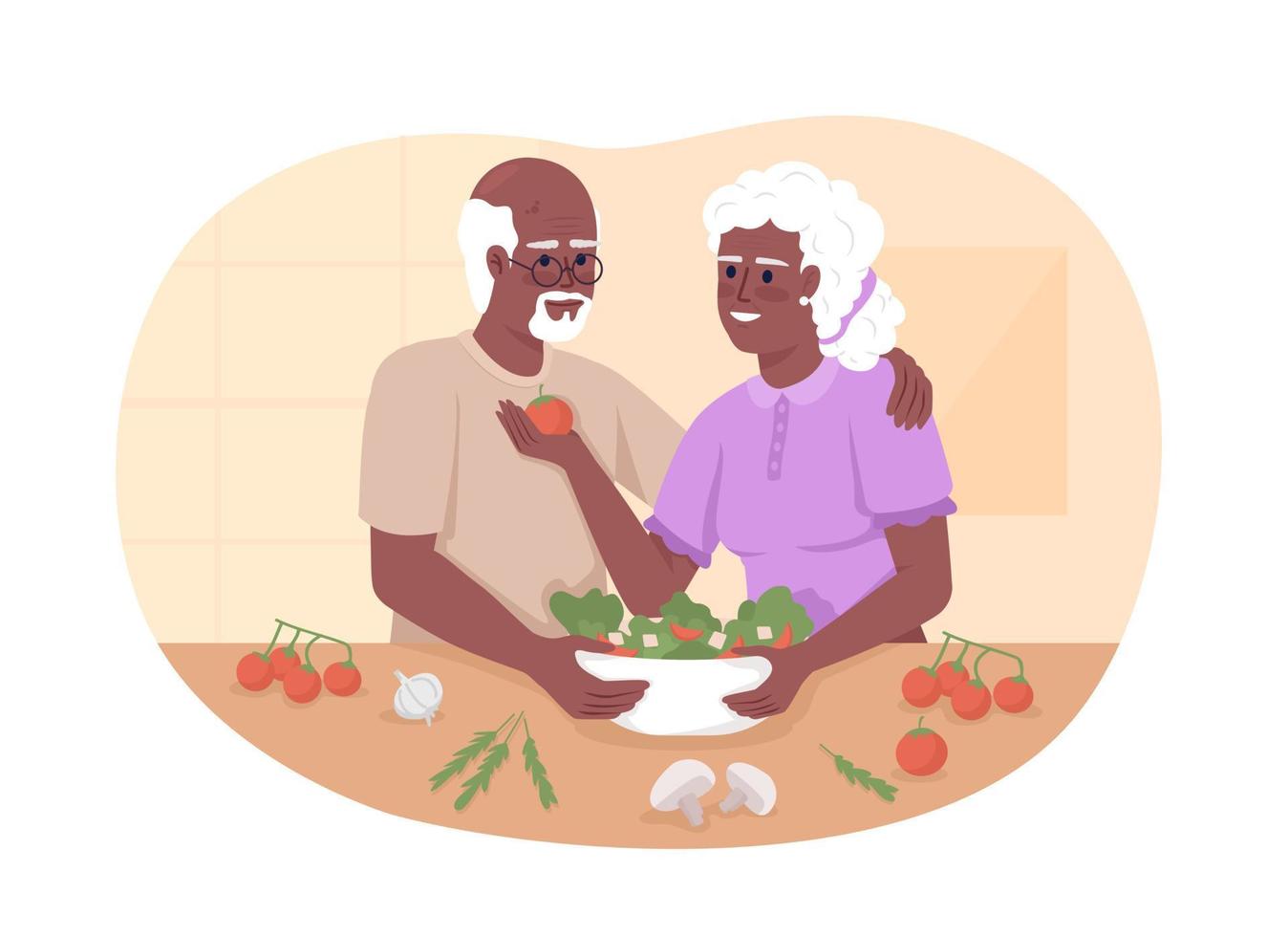 casal sênior cozinhar o jantar na cozinha 2d vector ilustração isolada. passar o tempo juntos personagens planas em fundo de desenho animado. cena editável colorida para celular, site, apresentação