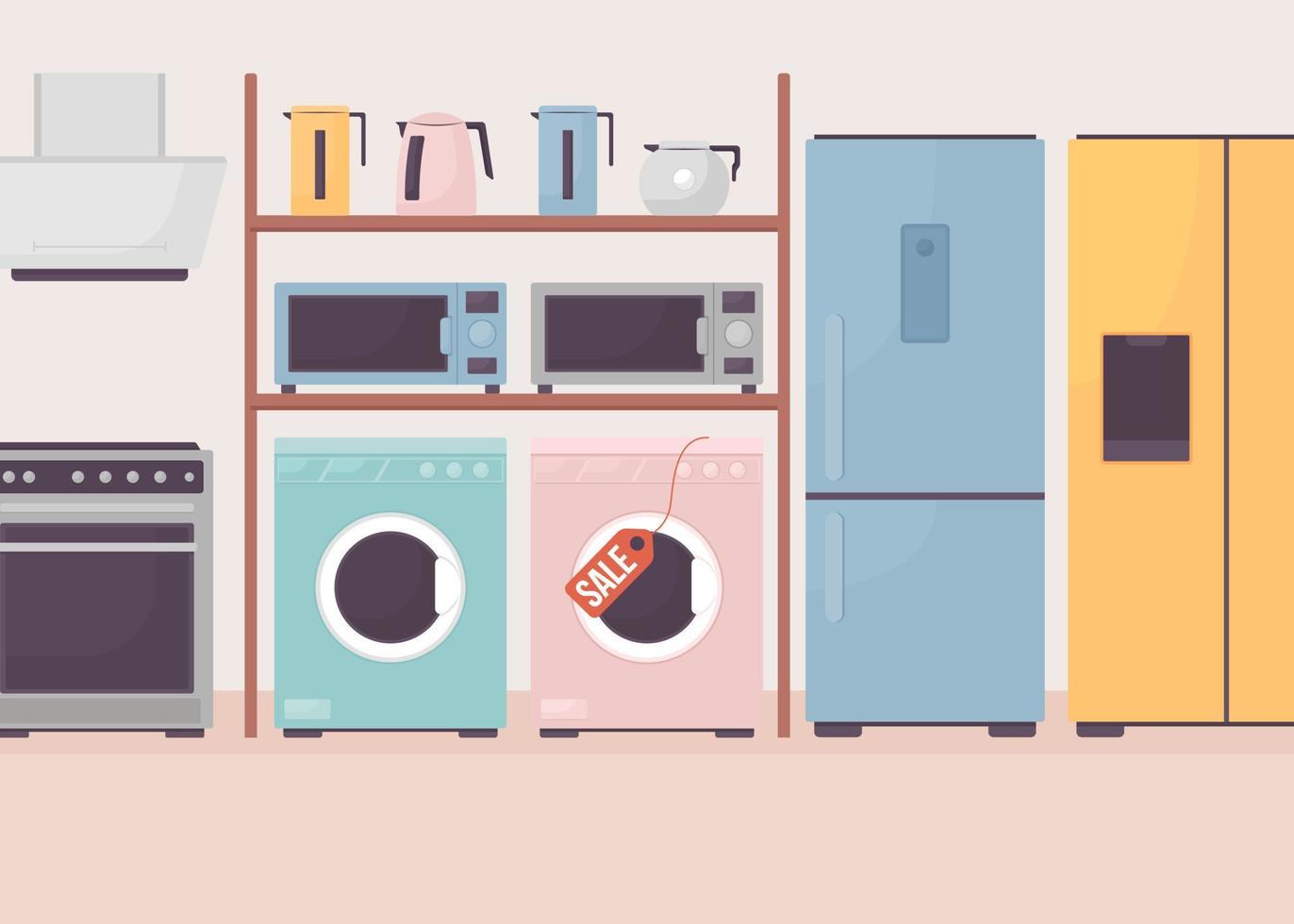 ilustração em vetor cor plana de grandes eletrodomésticos. variedade de equipamentos de cozinha. interior de desenho animado 2d totalmente editável com loja elétrica no fundo