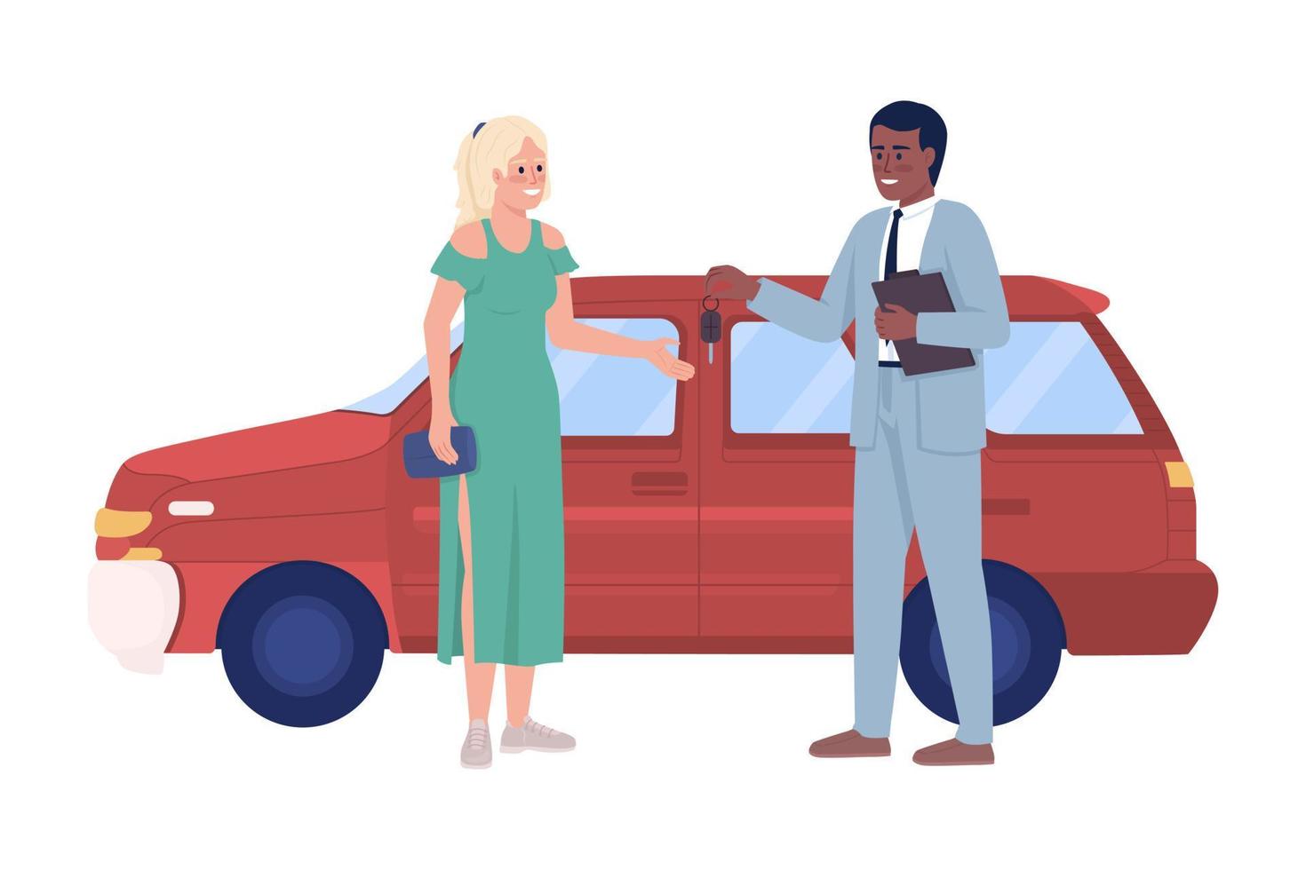 mulher comprando carro imobiliário 2d vector ilustração isolada. comprando personagem plana de carro de estação em fundo de desenho animado. cena editável colorida para celular, site, apresentação