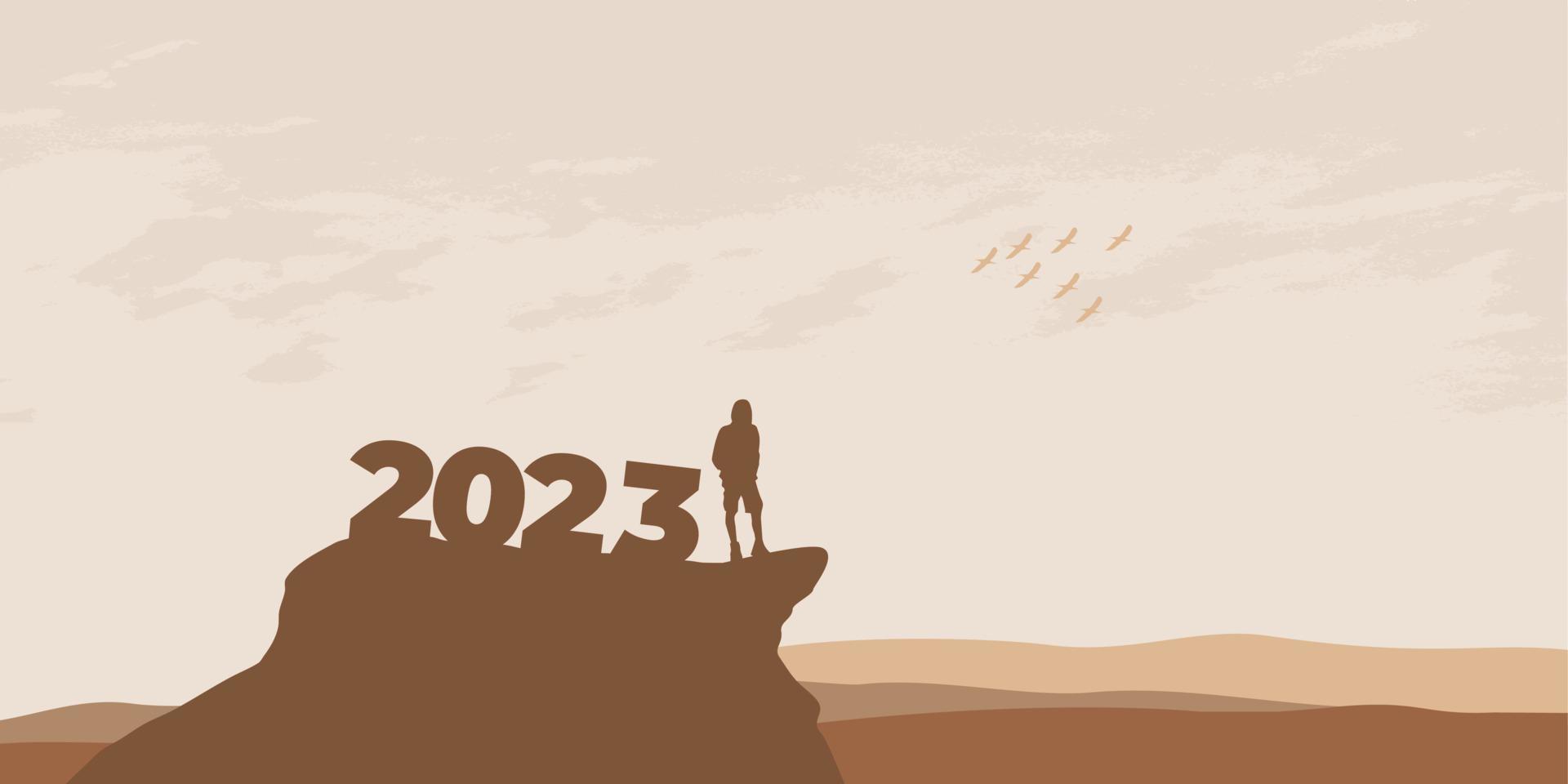 conceito de ano novo 2023. homem encontra o amanhecer nas montanhas para o ano novo de 2023. mensagem de citação inspiradora de motivação de novo começo no homem de silhueta vetor