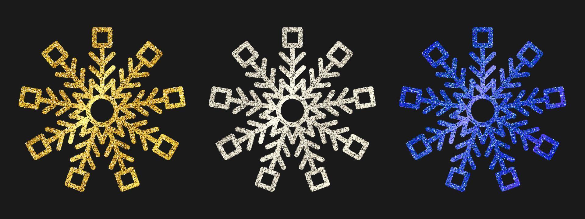 flocos de neve de glitter em fundo escuro. conjunto de três flocos de neve de glitter dourado, prateado e azul. elementos de decoração de natal e ano novo. ilustração vetorial. vetor