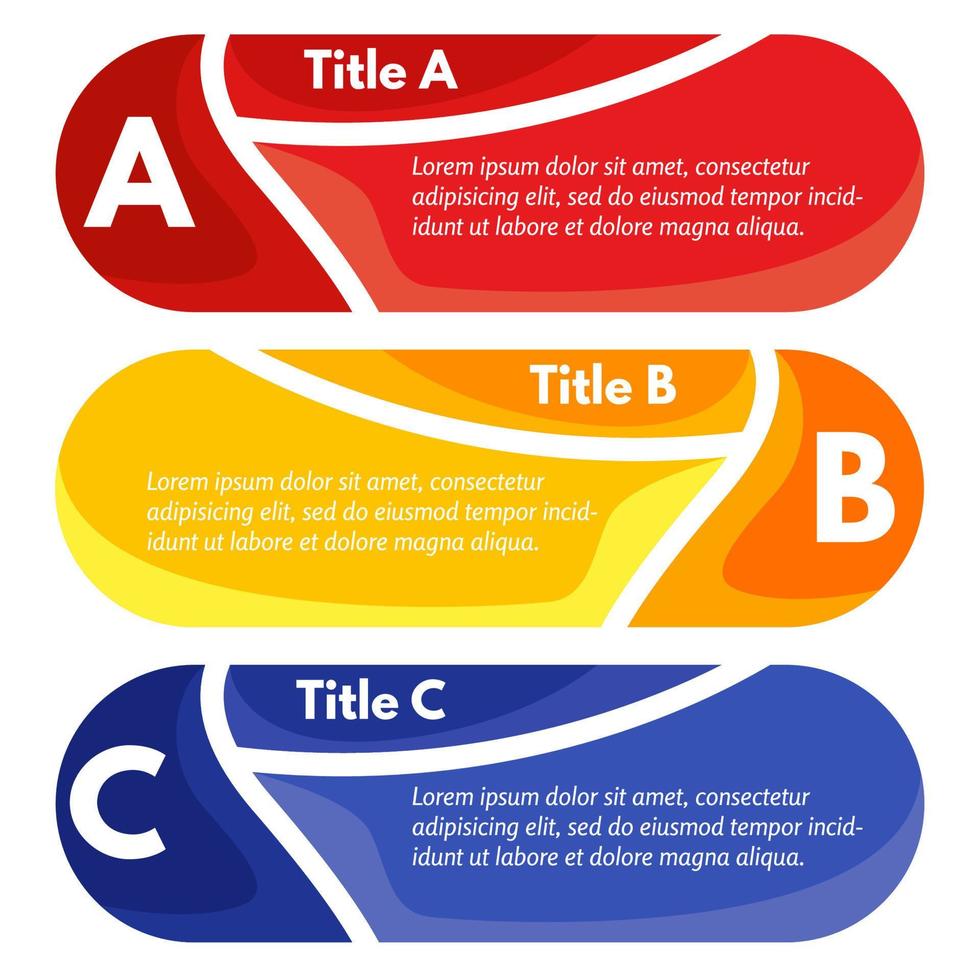 conjunto de três banners de opções coloridas horizontais. modelo de design infográfico passo a passo. ilustração vetorial vetor