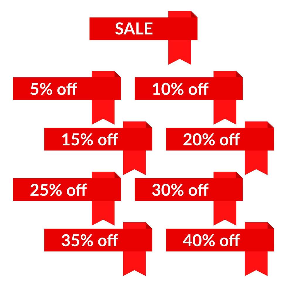 conjunto de fitas de venda vermelha com diferentes valores de desconto. modelo de etiqueta de venda. ilustração vetorial vetor