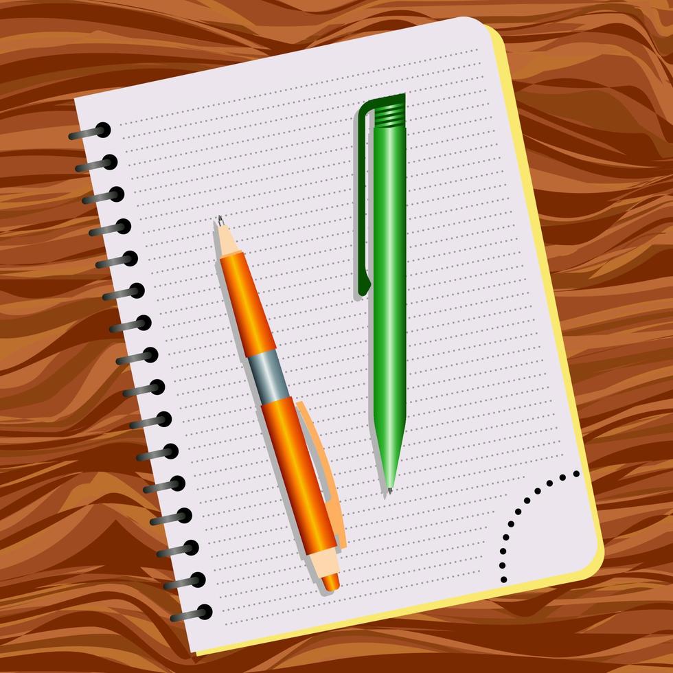 caderno, caneta laranja e caneta verde em uma mesa de madeira vetor