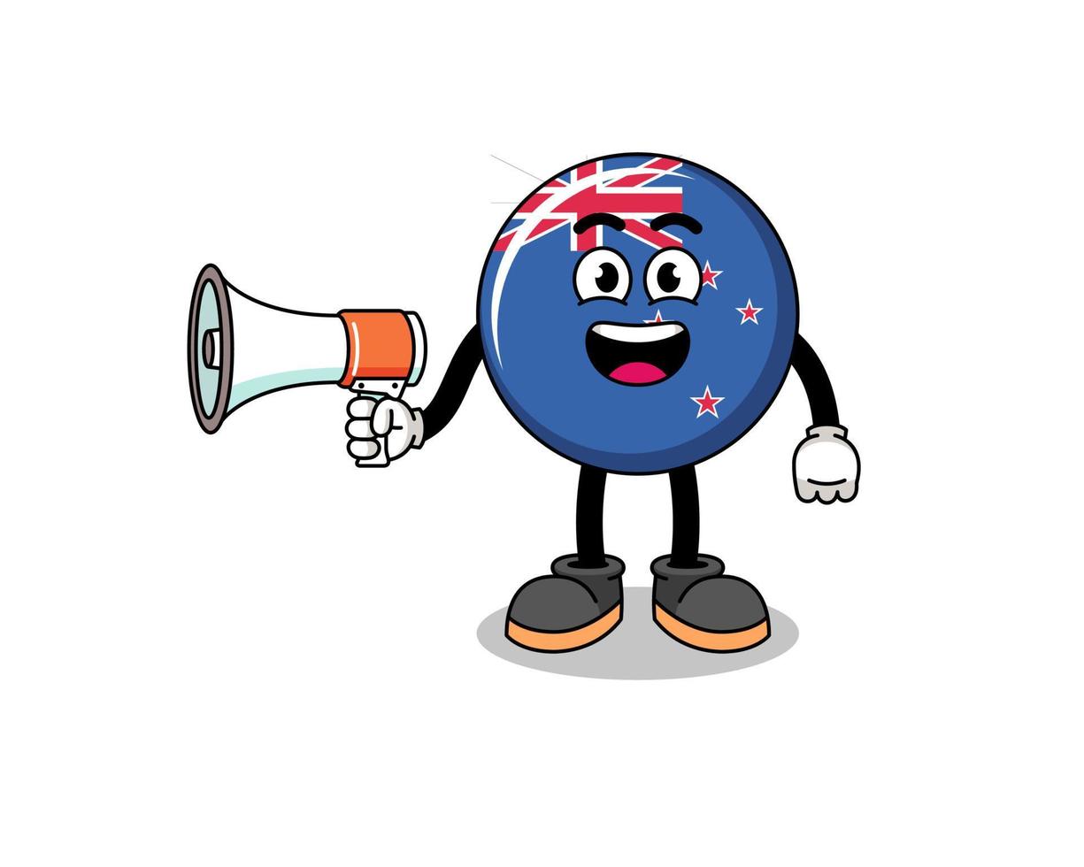 ilustração dos desenhos animados da bandeira da nova zelândia segurando o megafone vetor