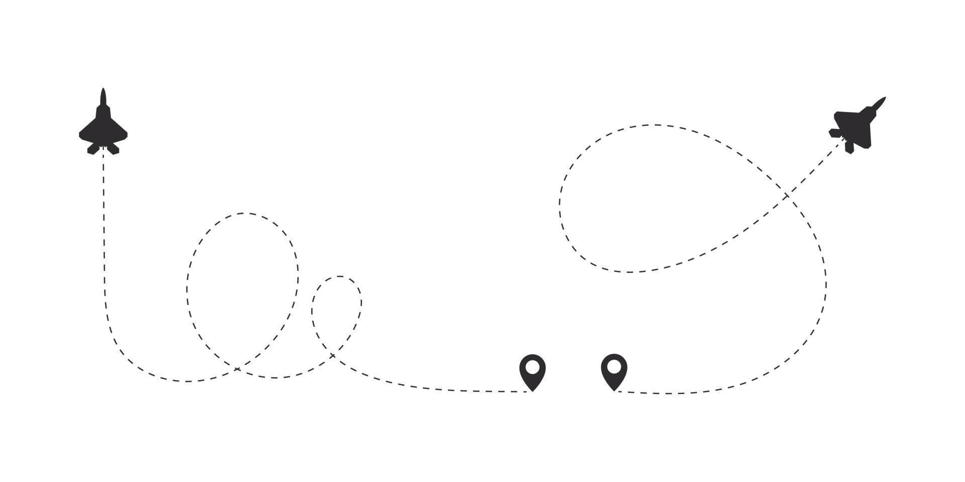 linhas pontilhadas de rota de aeronaves. linha de voo de um avião a jato. ilustração vetorial vetor