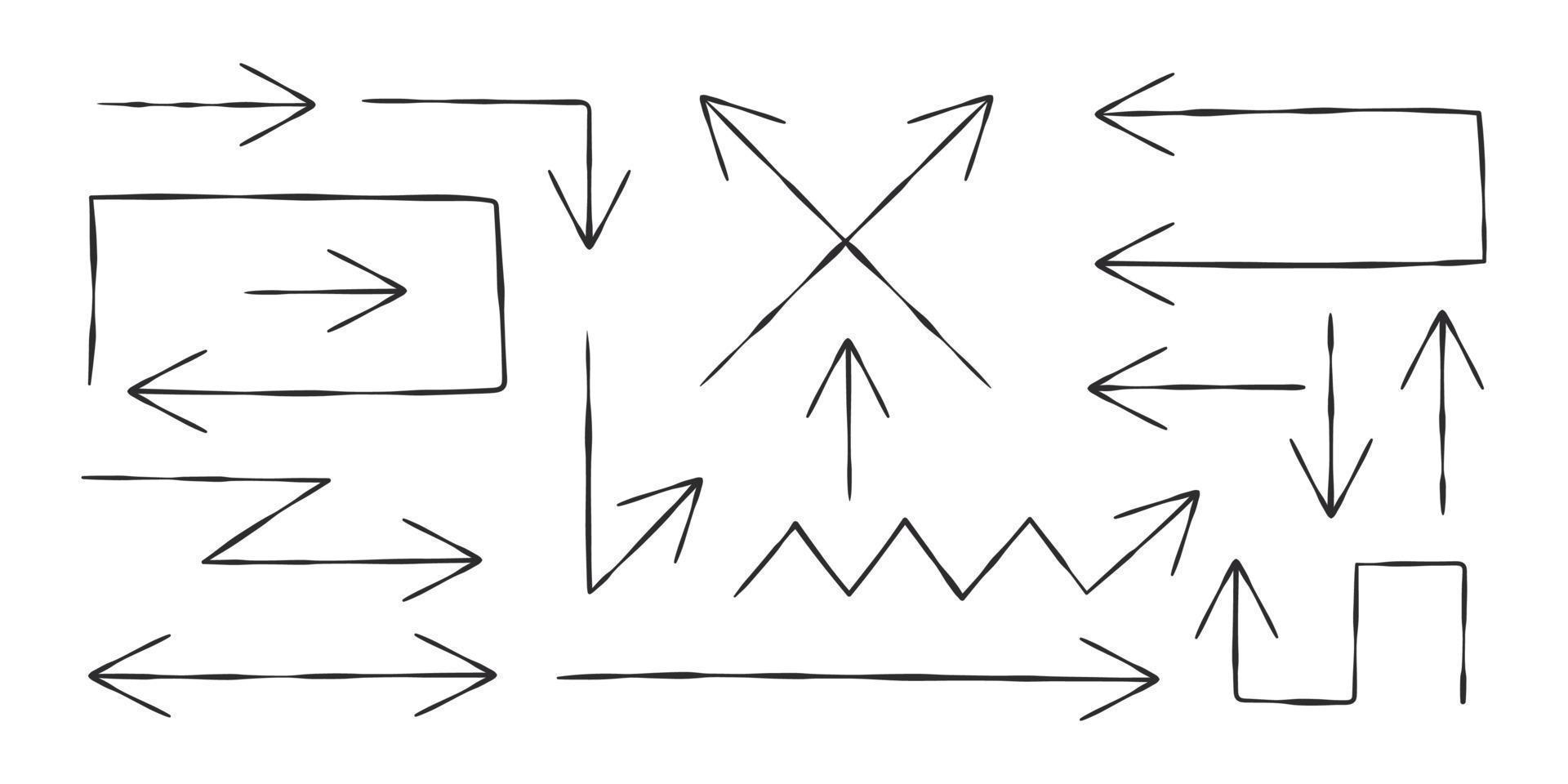 coleção de setas desenhadas à mão. setas doddle. esboçar setas desenhadas à mão. ícones vetoriais vetor