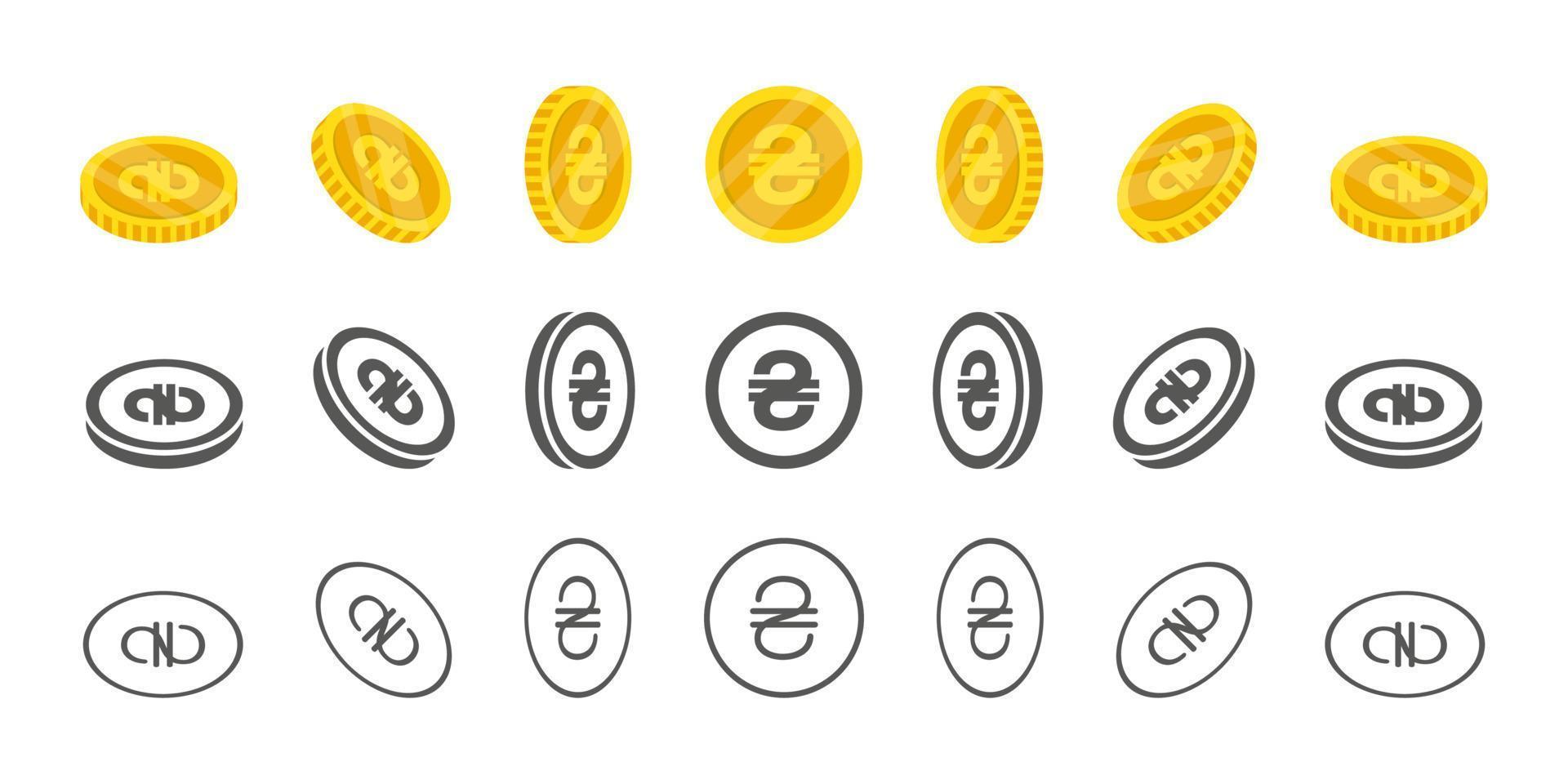 moedas de hryvnia ucraniana. rotação de ícones em diferentes ângulos para animação. moedas em isométrico. ilustração vetorial vetor