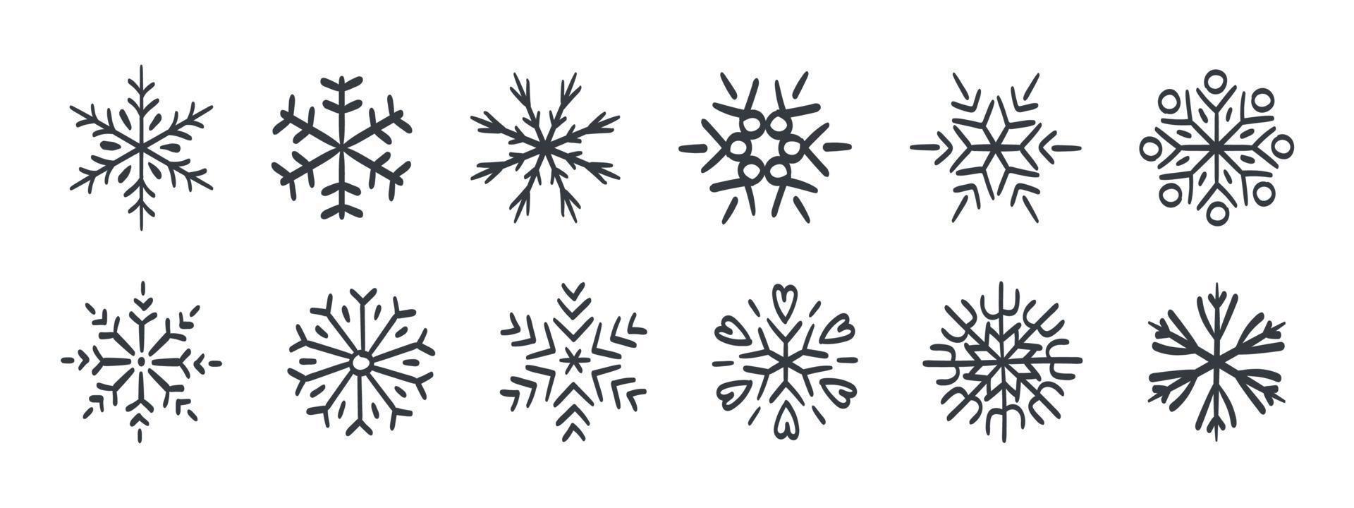 flocos de neve. flocos de neve desenhados à mão. ícones de flocos de neve de diferentes estilos e formas. ilustração vetorial vetor