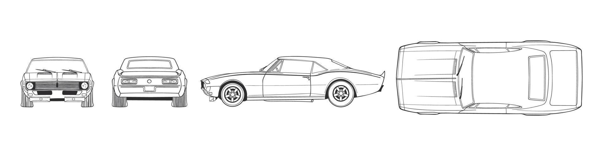 carro esporte retrô. carro desenhado à mão frente traseira superior e vista lateral. ilustração vetorial vetor