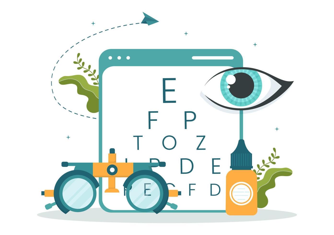 optometrista com oftalmologista verifica a visão do paciente, teste de visão óptica e tecnologia de óculos na ilustração de modelos desenhados à mão de desenhos animados planos vetor