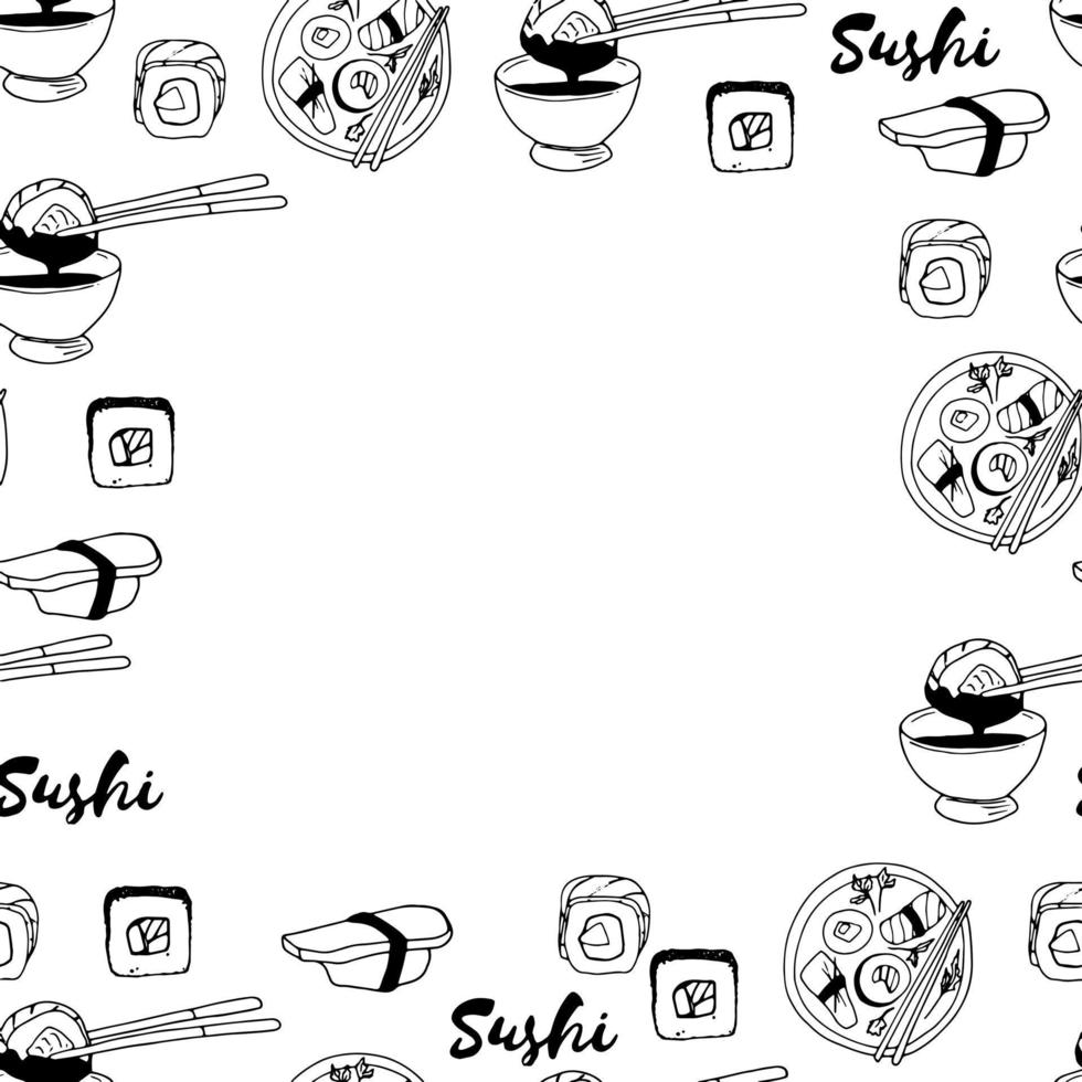 quadro de sushi doodle para menu de restaurante, guardanapos, têxteis, ilustração de fundo de decoração vetor