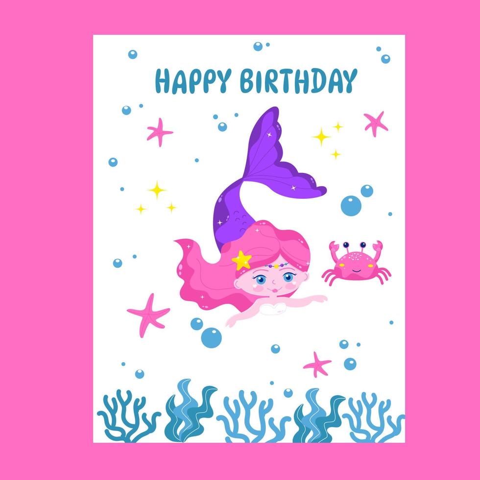 cartão de feliz aniversário sereia com caranguejo. vetor
