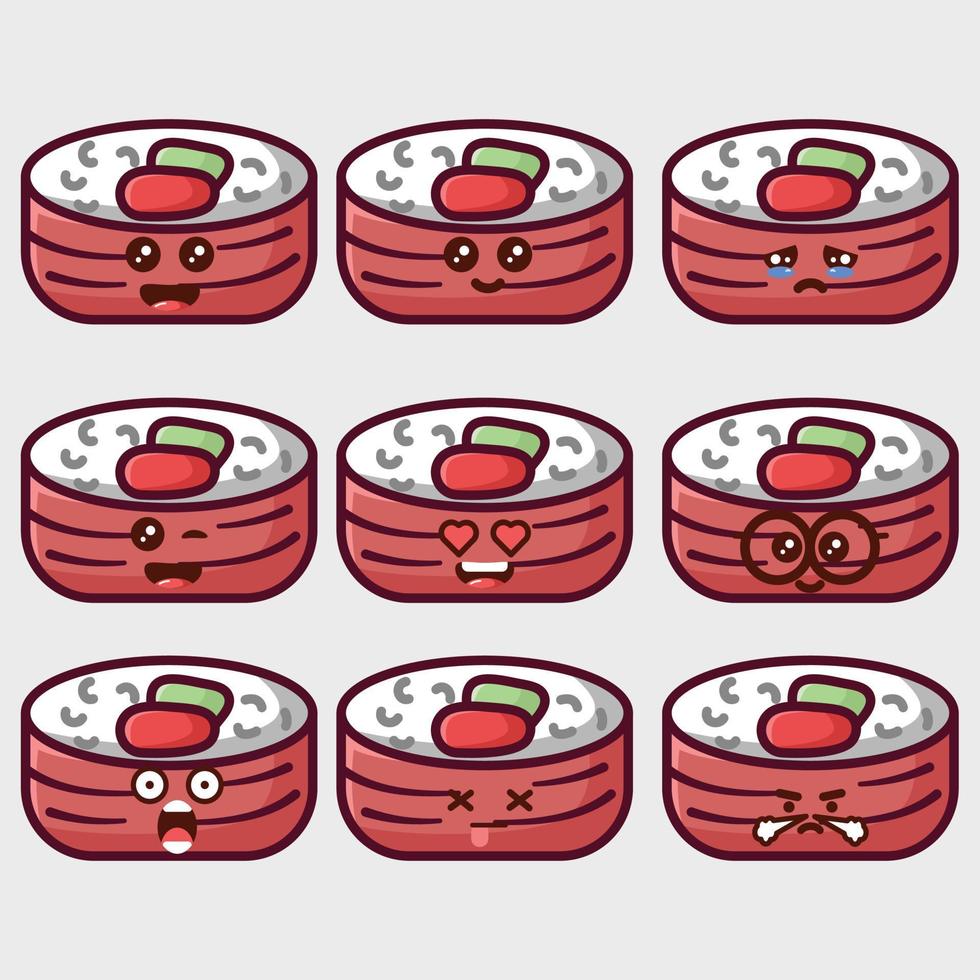 emoticons de rolo de sushi rosto kawaii vetor