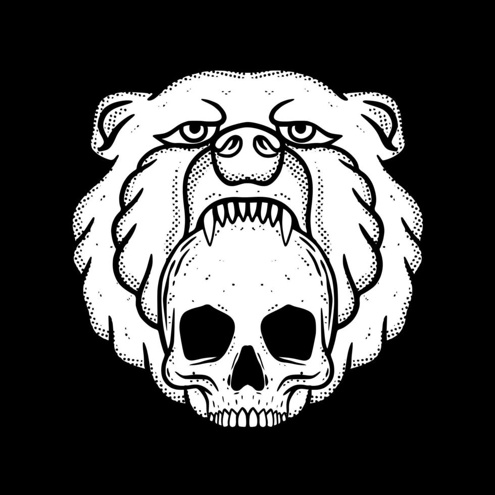 ilustração de arte de urso e caveira desenhada à mão vetor preto e branco para tatuagem, adesivo, cartaz etc