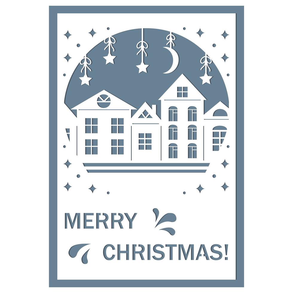 cartão postal 3d festivo no estilo de corte de papel, com casas de inverno de natal, ilustração vetorial vetor
