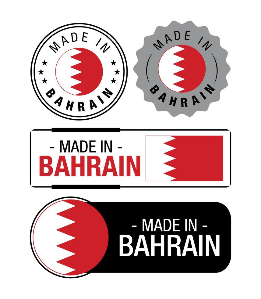 conjunto de rótulos feitos no bahrein, logotipo, bandeira do bahrein, emblema de produto do bahrein vetor