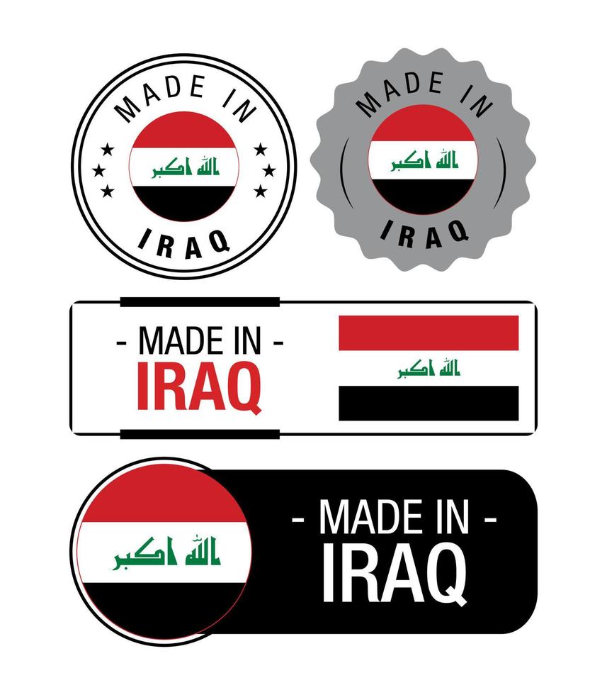 conjunto de etiquetas feitas no Iraque, logotipo, bandeira do Iraque, emblema de produto do Iraque vetor